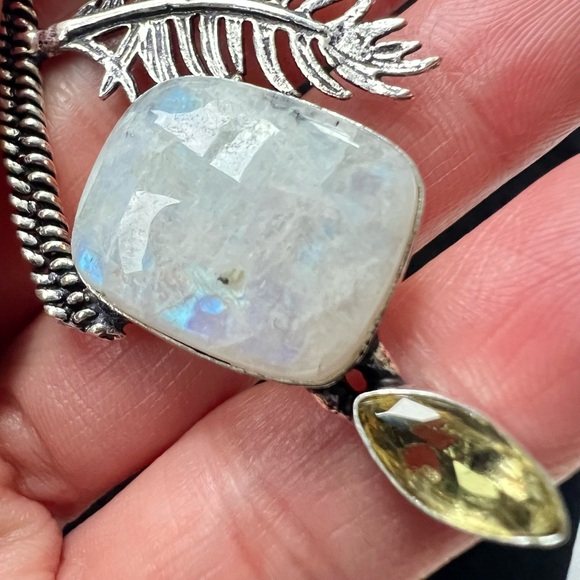 925 Double Rainbow Flash Moonstone Feather Pendant Necklace - Picture 4 of 7